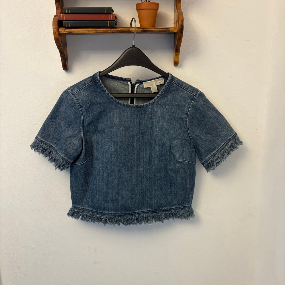 Michael Kors Denim Fringed Cropped Top – Size Small